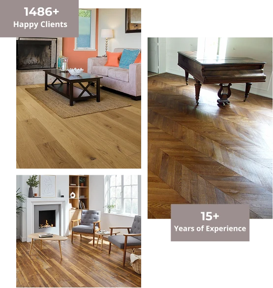 Collage showing various interior wood flooring styles