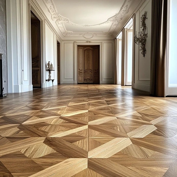 Intricate geometric parquet wood floor in a grand hall