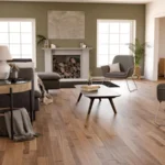 Modern living room with fireplace and oak wood floors