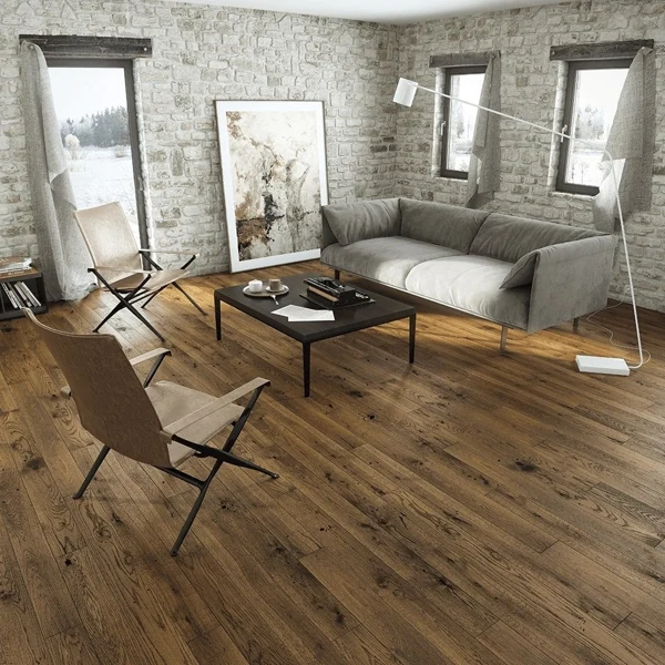 Rustic engineered oak planks in a modern living room.