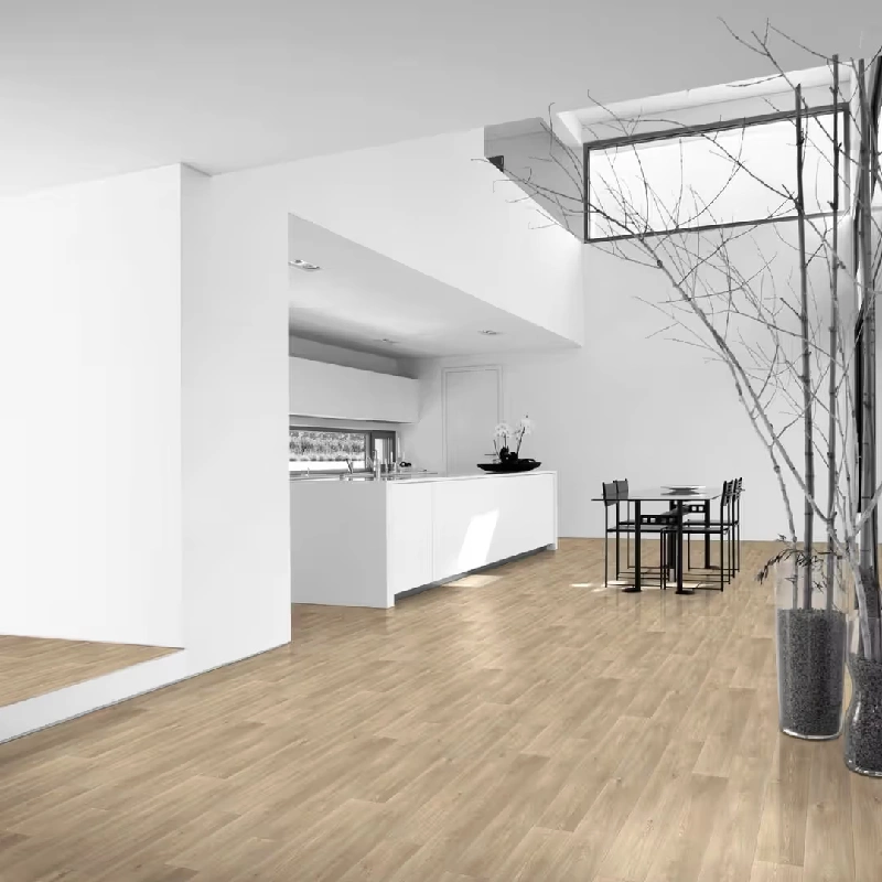 blonde wood-look vinyl plank flooring in a kitchen area