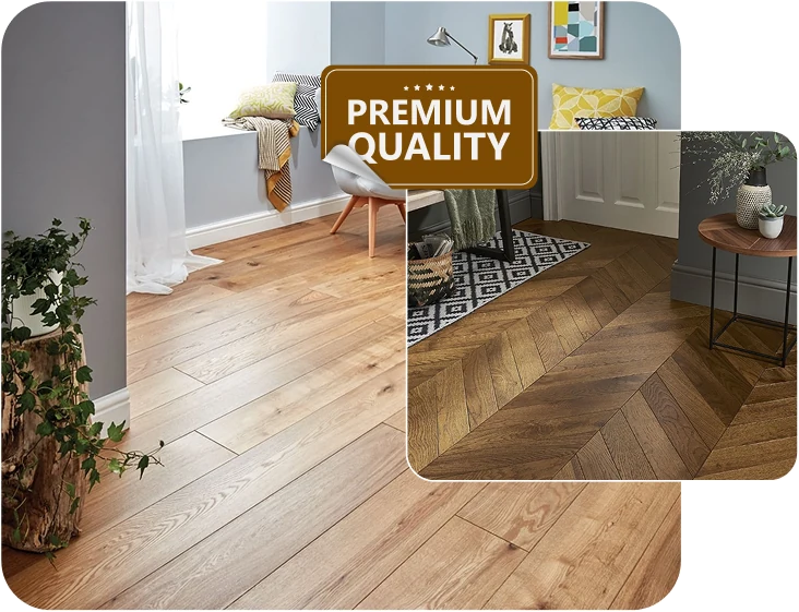 light oak planks and dark chevron-patterned wood.