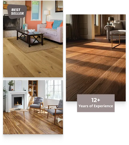 Collage showing various interior wood flooring styles