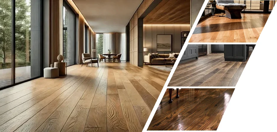 Collage showing various styles of premium wooden flooring in modern residential interiors
