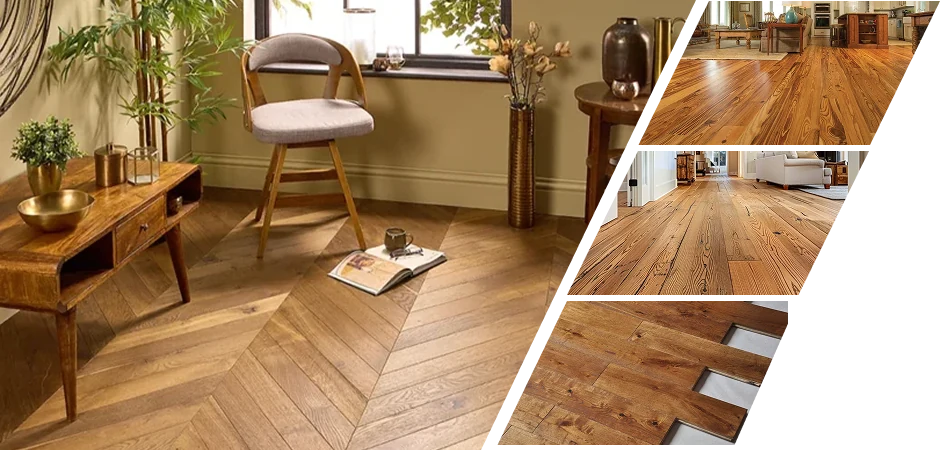 Collation of various natural oak and hardwood flooring.
