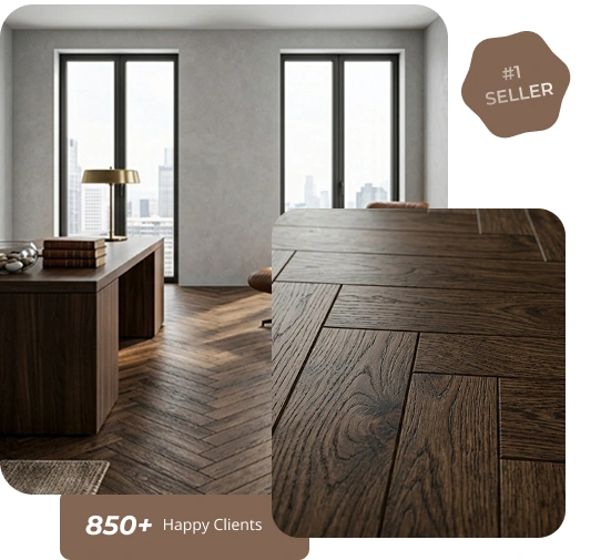 Dark oak herringbone wooden flooring in a modern office with large windows.