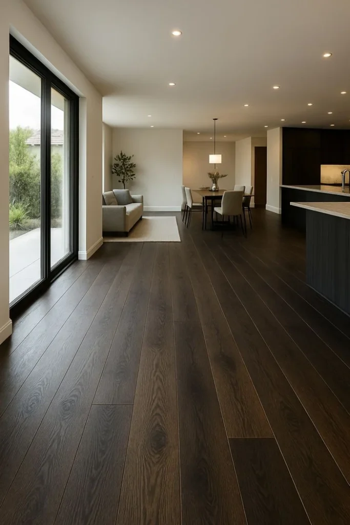 Dark wide-plank wood flooring in a minimalist open home.