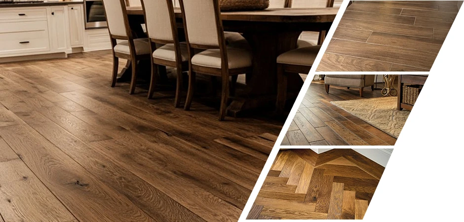 Elegant dining area showcasing wide-plank and herringbone wooden flooring options.