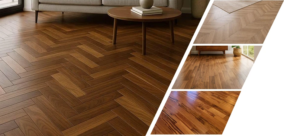 Herringbone pattern wooden flooring collage featuring various oak and walnut finishes.
