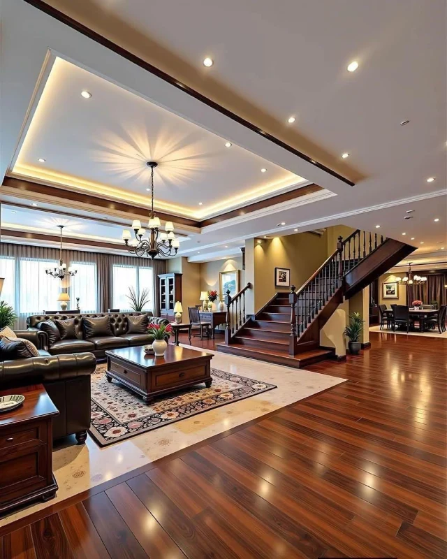 Luxury living room featuring polished mahogany wooden flooring and a matching grand staircase.