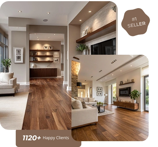 Modern living room with dark walnut wooden flooring and recessed lighting