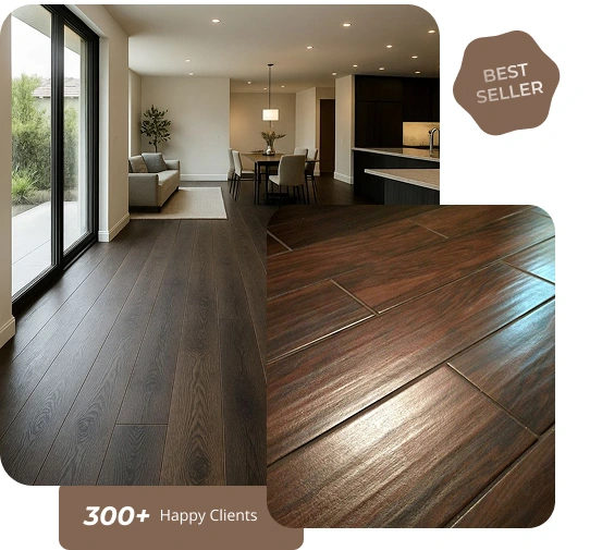 Modern open-plan living area with dark grey wooden flooring and integrated dining space.
