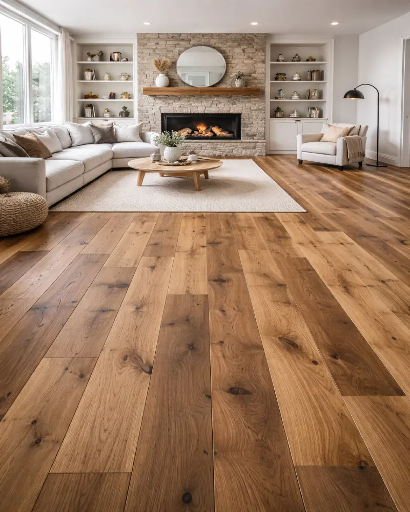 Natural oak wooden flooring in a bright living room with a stone fireplace.