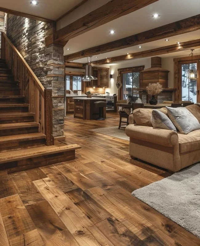 Rustic wide-plank wooden flooring in a mountain lodge interior with stone accents and a timber staircase.
